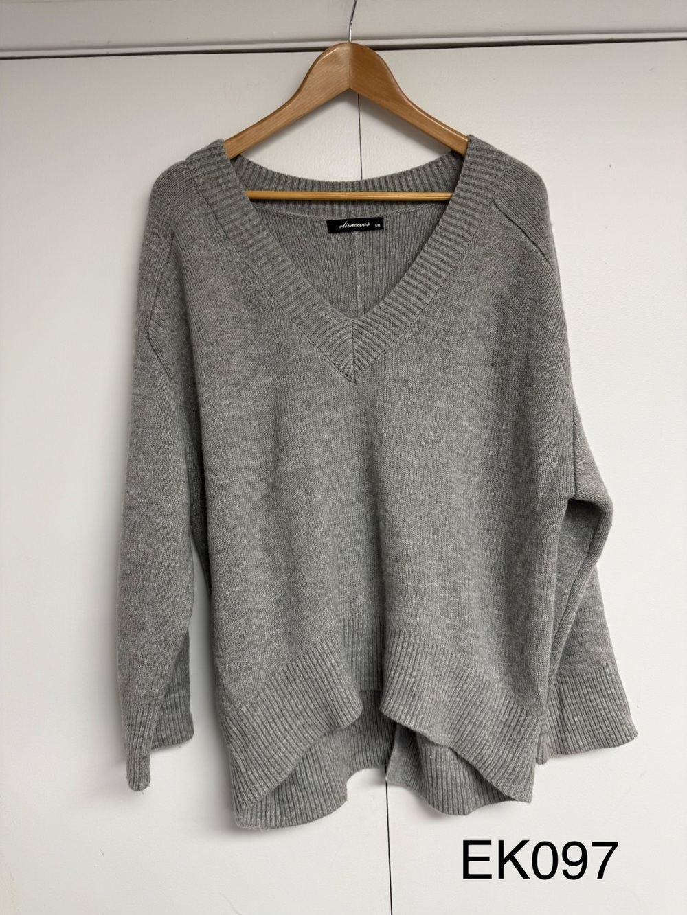 Olivaceous Gray Oversized V Neck High Low Side Slit Sweater S/M